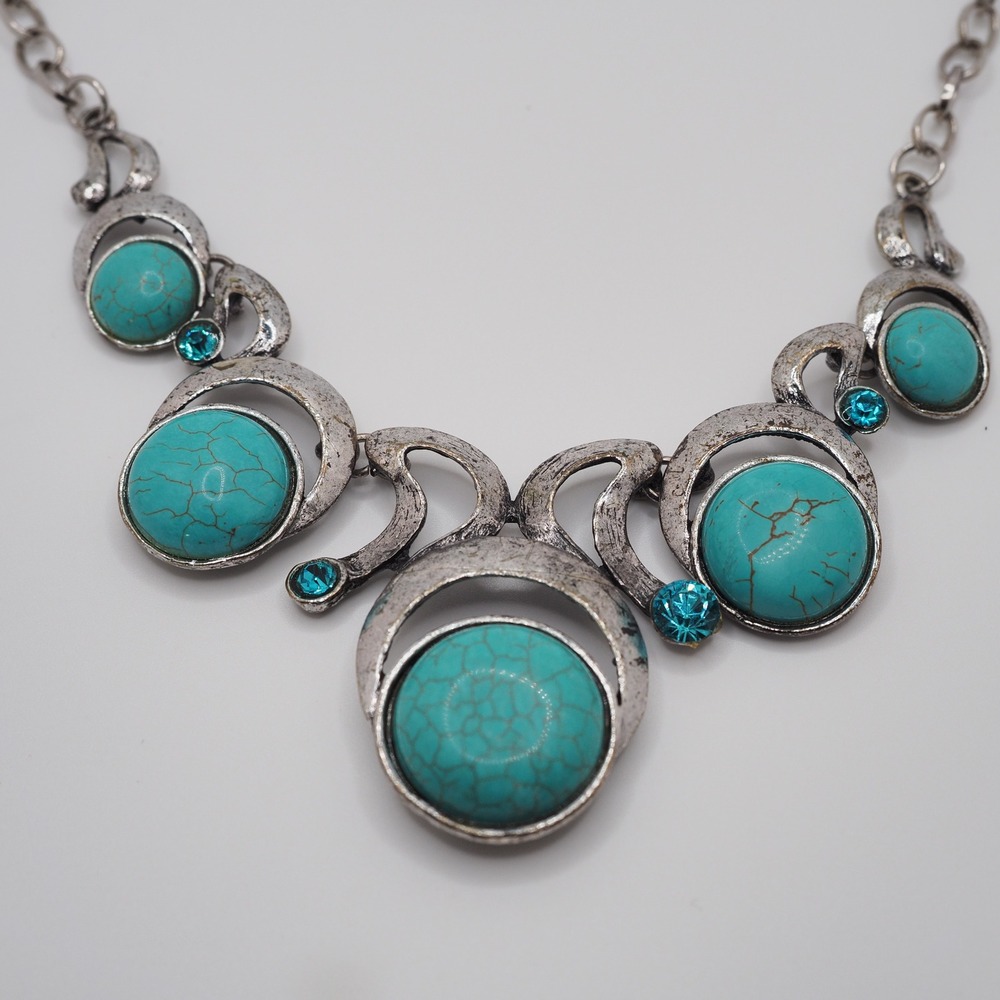 Vtg Necklace Blue Cabochon Rhinestone Silver Tone Cast Metal Bib Southwestern